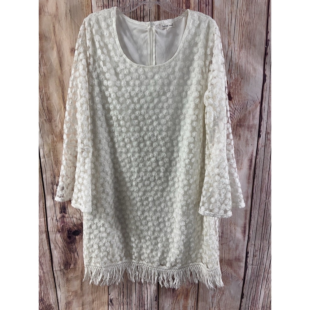 Indigo Soul Elegant Bohemian Embroidered White Bell Sleeve Lace Dress Size XL